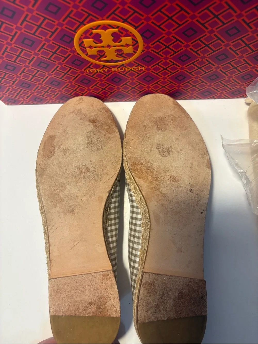 Stuart Weitzman Tan and White Gingham Espadrille Flats